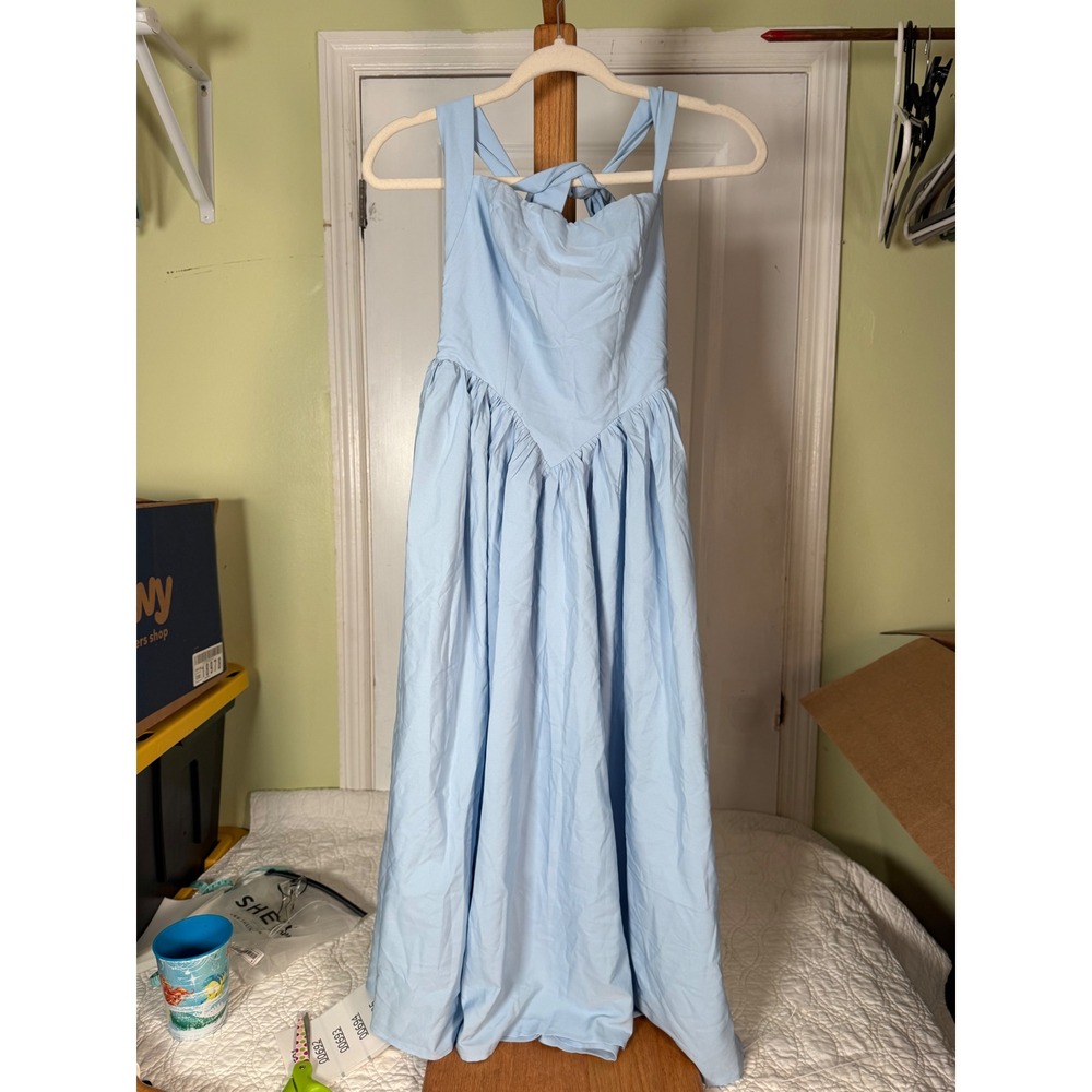 Parthea Light Blue Basque Waist Tie Back Smocked Midi Dress XS New